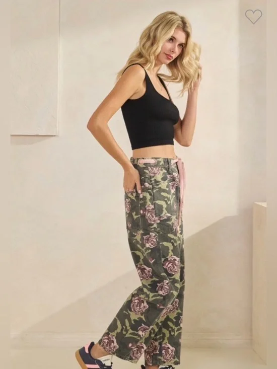 Floral Wide-Leg Barrel Pants or Jeans- Olive with Pink Roses - Picture 5 of 7